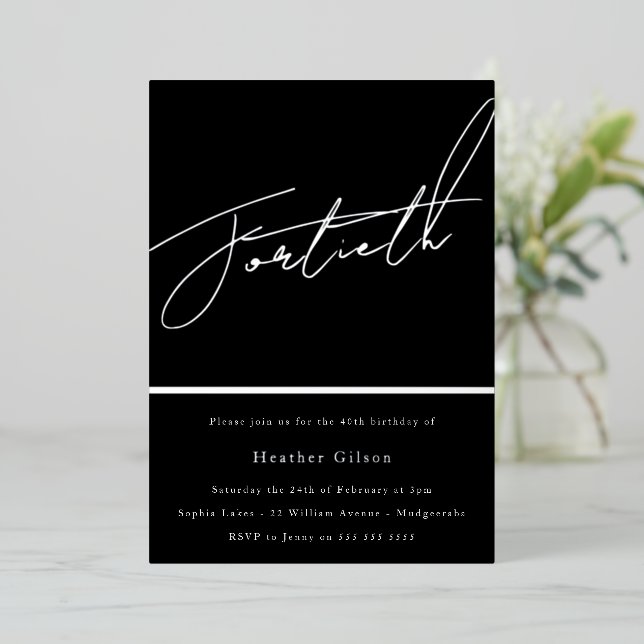 Invitation En Aluminium Argent Script 40e fête d'anniversaire Argent (Debout devant)