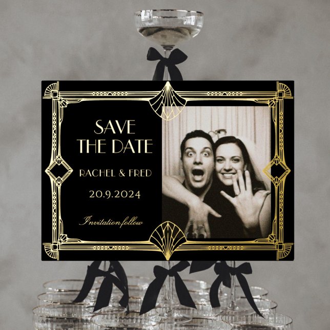 Invitation En Aluminium Art Déco Elegant Black Gold 20s enregistrer la dat (Créateur téléchargé)