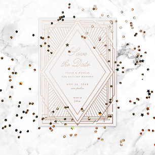 Invitation En Aluminium Art Déco Enregistrer la date Diamant Rose Blanc Or