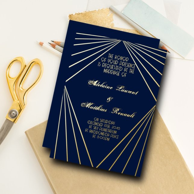 Invitation En Aluminium Art Déco Mariage Marine Bleu et or (Créateur téléchargé)