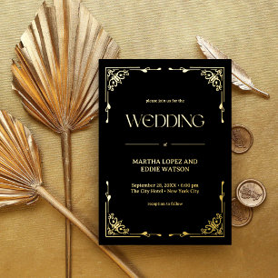 Invitation En Aluminium Art Déco Moderne Élégant Mariage Noir et Or