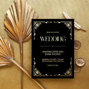 Invitation En Aluminium Art Déco Moderne Élégant Mariage Noir et Or