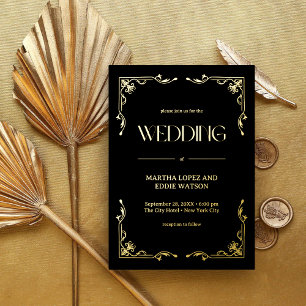 Invitation En Aluminium Art Déco Moderne Élégant Mariage Noir et Or