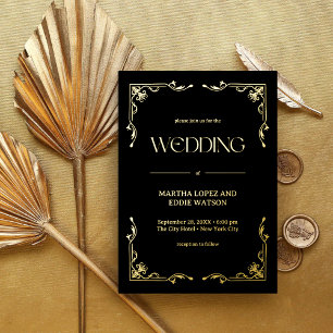 Invitation En Aluminium Art Déco Moderne Élégant Mariage Noir et Or