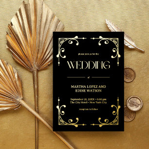 Invitation En Aluminium Art Déco Moderne   Élégant Mariage Noir et Or