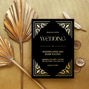 Invitation En Aluminium Art Déco Moderne Élégant Mariage Noir et Or