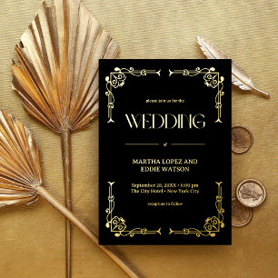 Invitation En Aluminium Art Déco Moderne Élégant Mariage Noir et Or
