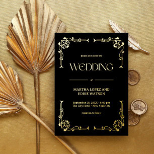 Invitation En Aluminium Art Déco Moderne Élégant Mariage Noir et Or