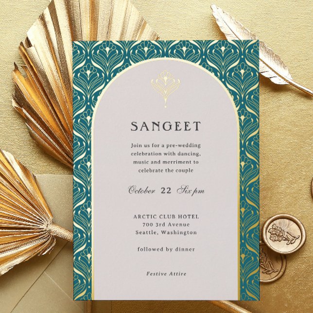 Invitation En Aluminium Art Déco or Floral Mariage indien Sangeet (sangeet invitation, indian wedding invitation, hindu wedding invitation, art deco gold foil invite)
