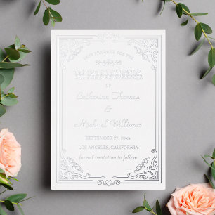 Invitation En Aluminium Art Déco vintage Blanc & Argent Enregistrer La Dat
