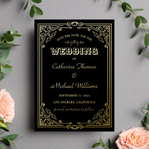 Invitation En Aluminium Art Déco vintage Noir & Or Enregistrer La Date