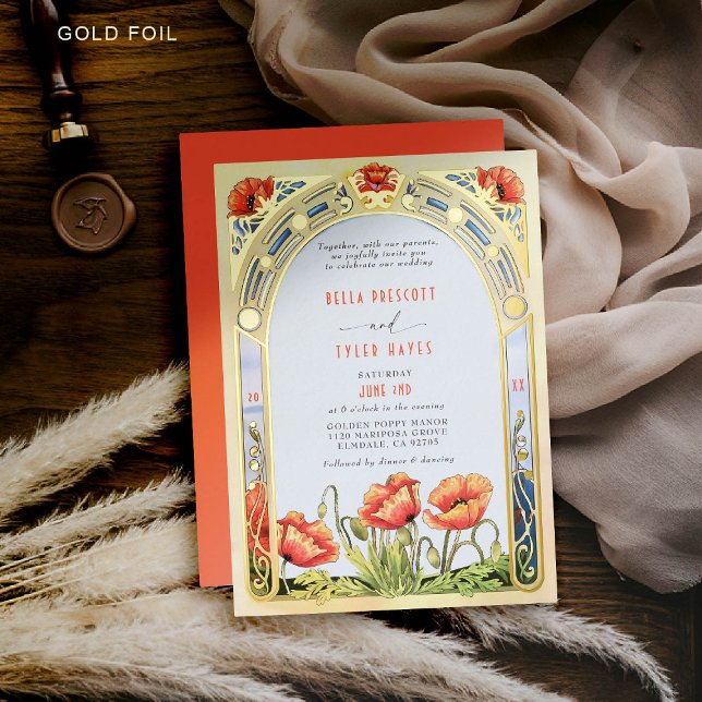 Invitation En Aluminium Art Nouveau Bold Fleur sauvage de pavoies brillant (art nouveau wedding invitation wildflowers poppies red orange gold garden vintage elegant)