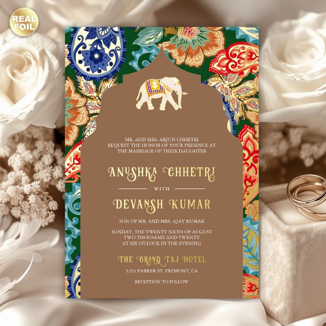 Invitation En Aluminium Art populaire indien Eléphant Mariage Beige Or (Créateur téléchargé)