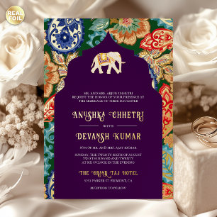 Invitation En Aluminium Art populaire indien Eléphant Mariage Eggplant Or