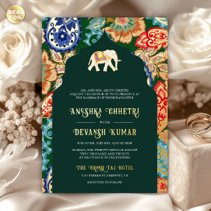 Invitation En Aluminium Art populaire indien Elephant Mariage Emerald Gold
