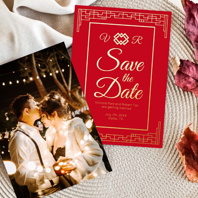 Invitation En Aluminium Asian Red Gold Foil Mariage Enregistrer la date Ph (Créateur téléchargé)