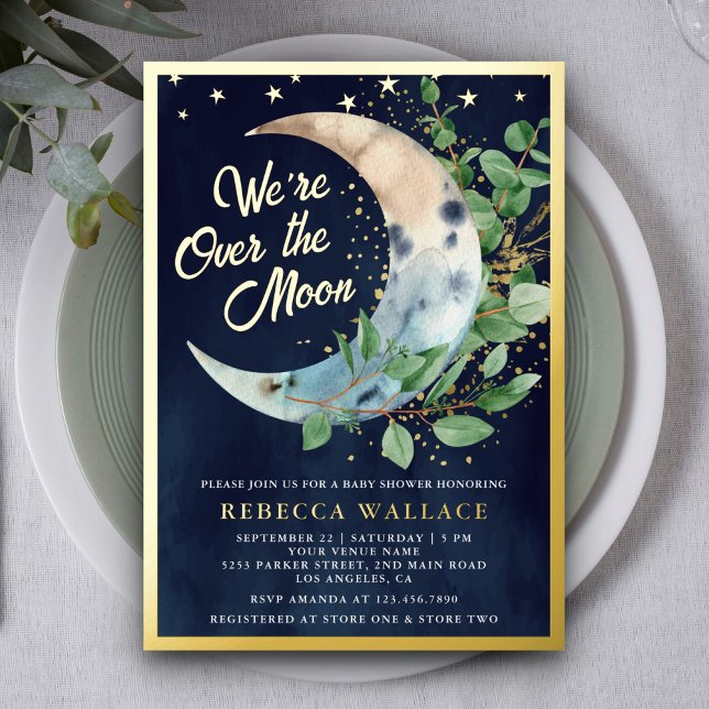Invitation En Aluminium Au-Dessus De La Lune Eucalyptus Baby shower Marine (Créateur téléchargé)