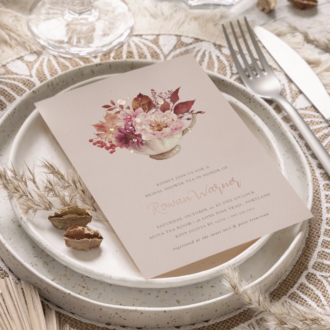 Invitation En Aluminium Automne Floral Teacup Automne Fête des mariées Thé (Créateur téléchargé)