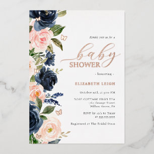Invitation En Aluminium Baby shower à papillon floral Blush Navy