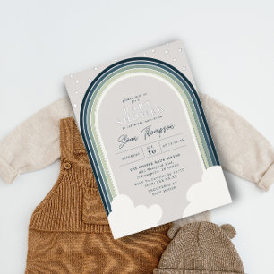 Invitation En Aluminium Baby-Shower Arc-en-Ciel Bleu Vert Garçon Argent