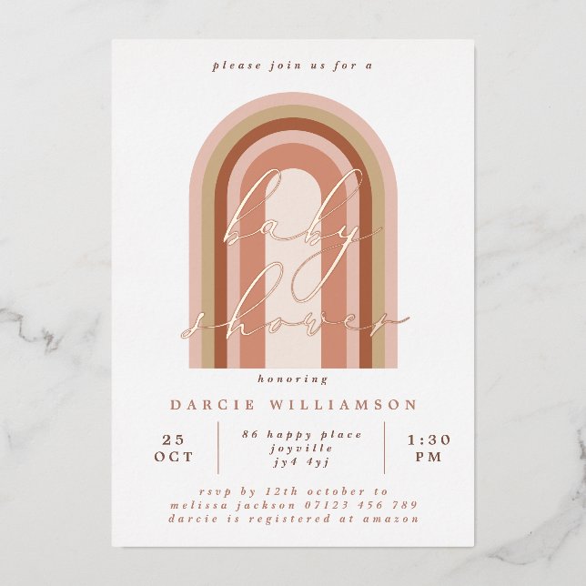 Invitation En Aluminium Baby shower arc-en-ciel rose Rose or (Recto)