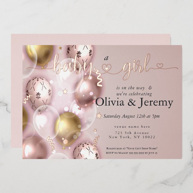 Invitation En Aluminium Baby shower Bébé Fille rose Ballons (Recto/Verso)