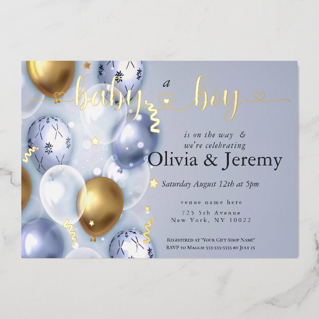 Invitation En Aluminium Baby shower Bébé Garçon Bleu Ballons (Recto)