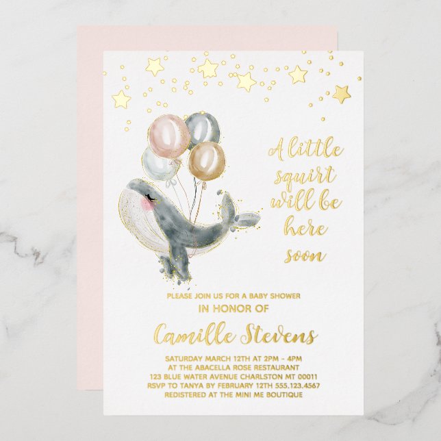 Invitation En Aluminium Baby shower d'aquarelle de baleine nautique fille (Recto/Verso)