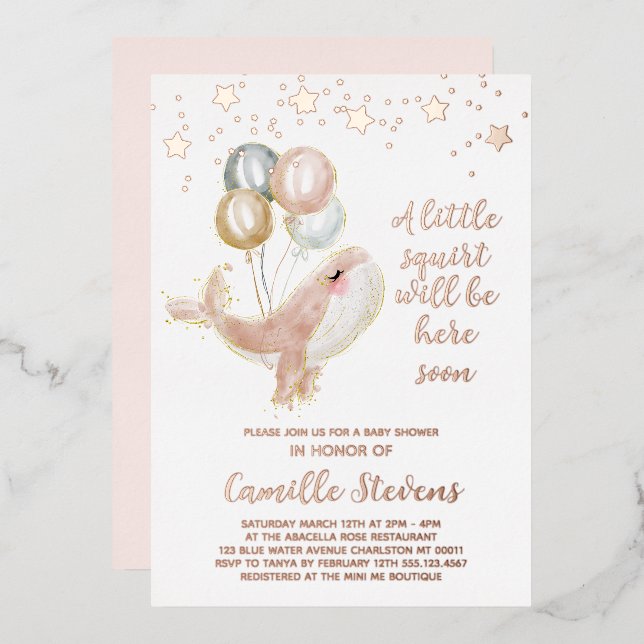 Invitation En Aluminium Baby shower d'aquarelle de baleine nautique fille (Recto/Verso)