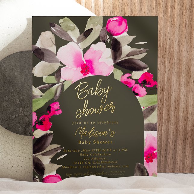 Invitation En Aluminium Baby shower d'aquarelle vert rose Boho (Boho real gold foil pink green floral watercolor baby shower invitation)