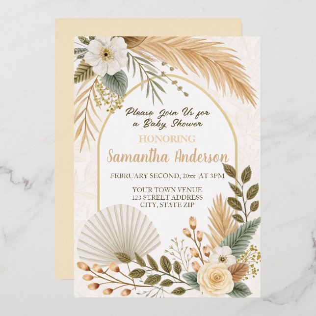 Invitation En Aluminium Baby shower d'arc de la Pampas Boho (Recto/Verso)
