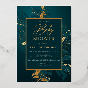 Invitation En Aluminium Baby shower de feuille d'or vert profond et réel