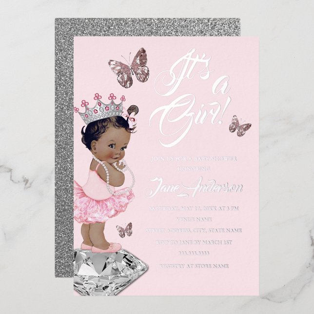 Invitation En Aluminium Baby shower de princesse d'argent rose d'Amérique  (Recto/Verso)
