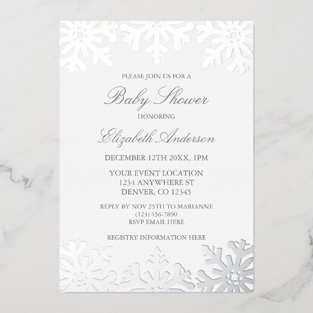 Invitation En Aluminium Baby shower d'hiver Silver Snowflake (Recto)