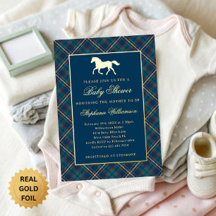 Invitation En Aluminium Baby Shower Équestre Bleu à Carreaux Pré-Classique