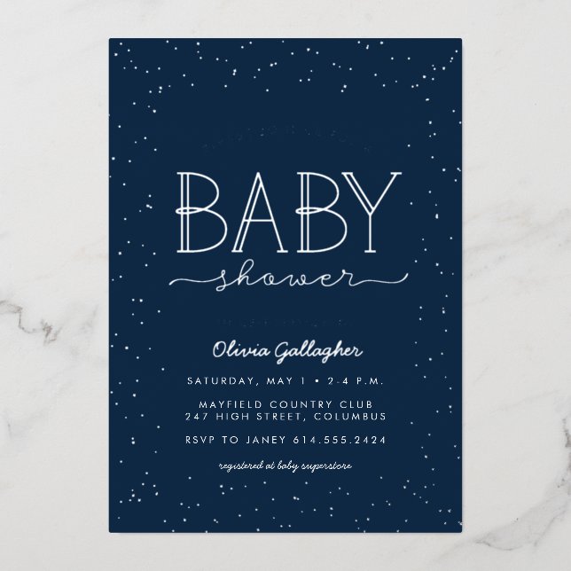 Invitation En Aluminium Baby shower étoile scintille bleu marine (Recto)