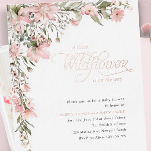 Invitation En Aluminium Baby Shower Fille aux Fleurs Sauvages Roses et au 