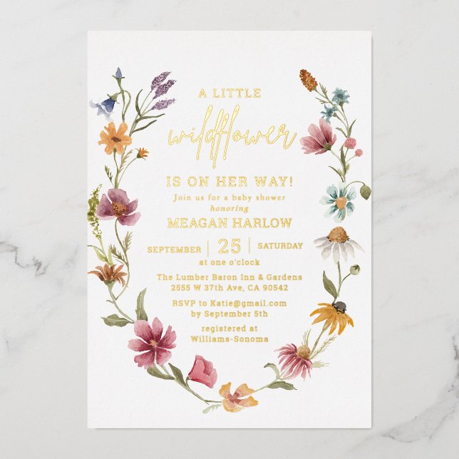 Invitation En Aluminium Baby shower fille Fleur sauvage Gold Foil (Recto)