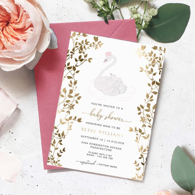 Invitation En Aluminium Baby shower fille princesse de cygne (Odette Swan Princess Baby Shower Invitation Gold Foil)