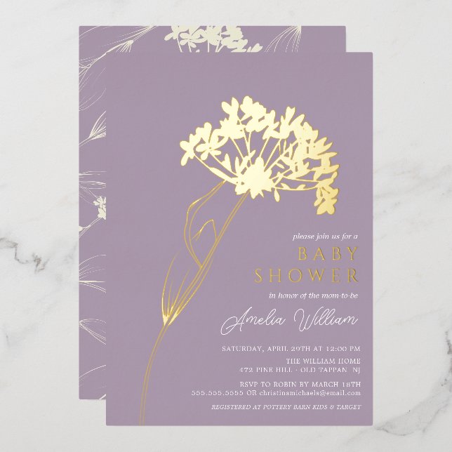 Invitation En Aluminium Baby shower Floral moderne Lavender (Recto/Verso)