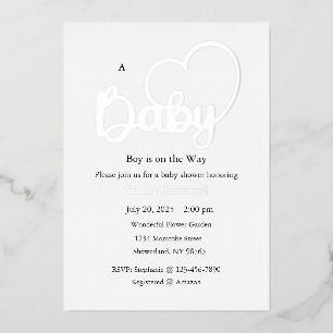 Invitation En Aluminium Baby shower Foil Invitation, Script, Coeur, Garçon