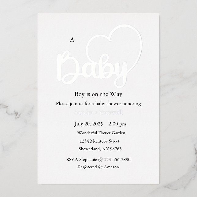Invitation En Aluminium Baby shower Foil Invitation, Script, Coeur, Garçon (Recto)