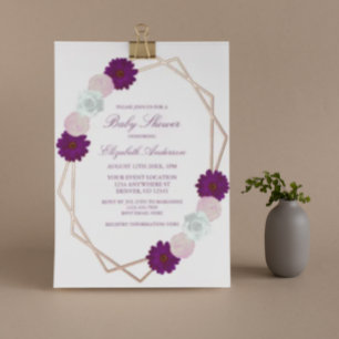 Invitation En Aluminium Baby Shower Géométrique Fleurs Blanches Violettes
