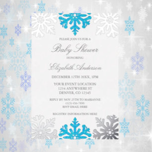 Invitation En Aluminium Baby Shower Hiver Flocon de Neige Bleu Argenté