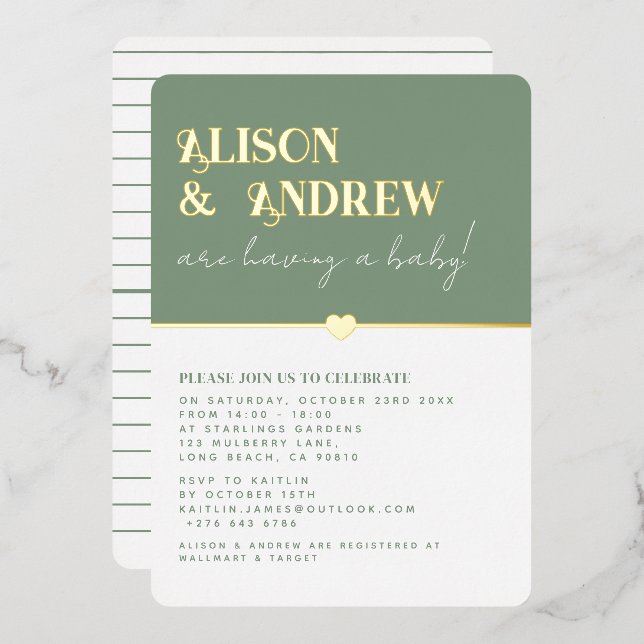 Invitation En Aluminium Baby shower moderne Sage Green et Gold Couple (Recto/Verso)