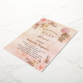 Invitation En Aluminium Baby shower pampas herbe ours en peluche rose fleu