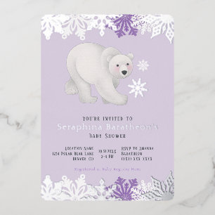 Invitation En Aluminium Baby shower Polaire pourpre à flocon argenté