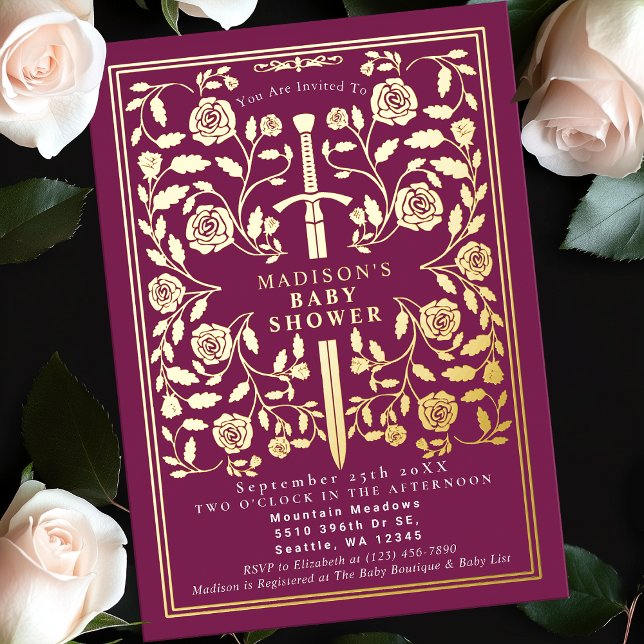 Invitation En Aluminium Baby shower Royal Médiéval Rose Gold Sword Girl (Créateur téléchargé)