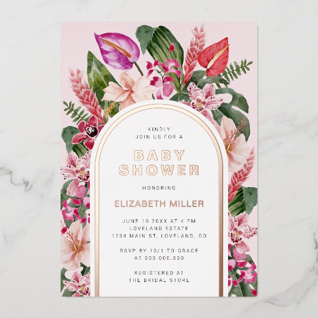 Invitation En Aluminium Baby shower tropical rose (Recto)