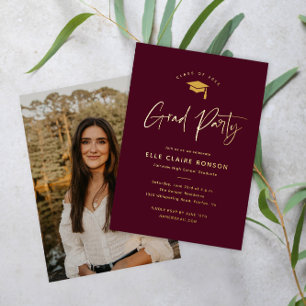 Invitation En Aluminium Baccalauréat simple en design Maron & Gold Photo